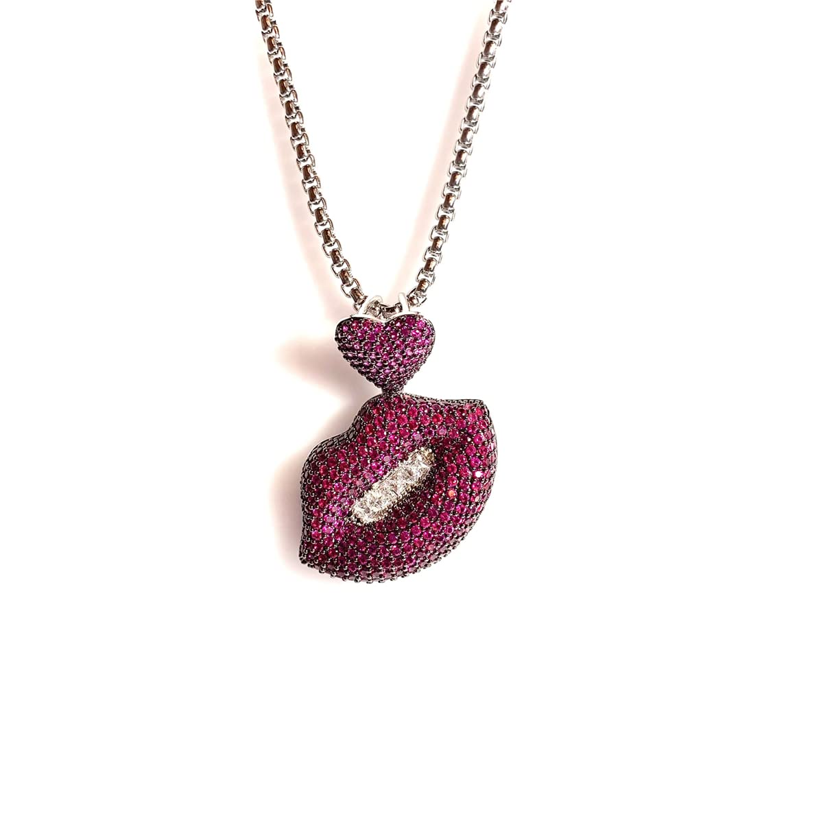 ICEDIAMOND Iced Out Charming Rose Red Lips Pendant with Hip Hop Box Chain , Fully CZ Lab Diamond Necklace, Urban Street Wear Jewelry for Men Women