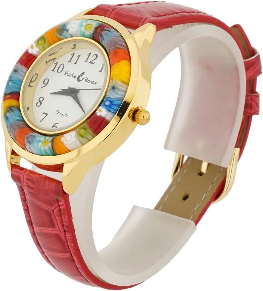 Glass Of Venice Serena Murano Millefiori Watch with Leather Band - Gold Red