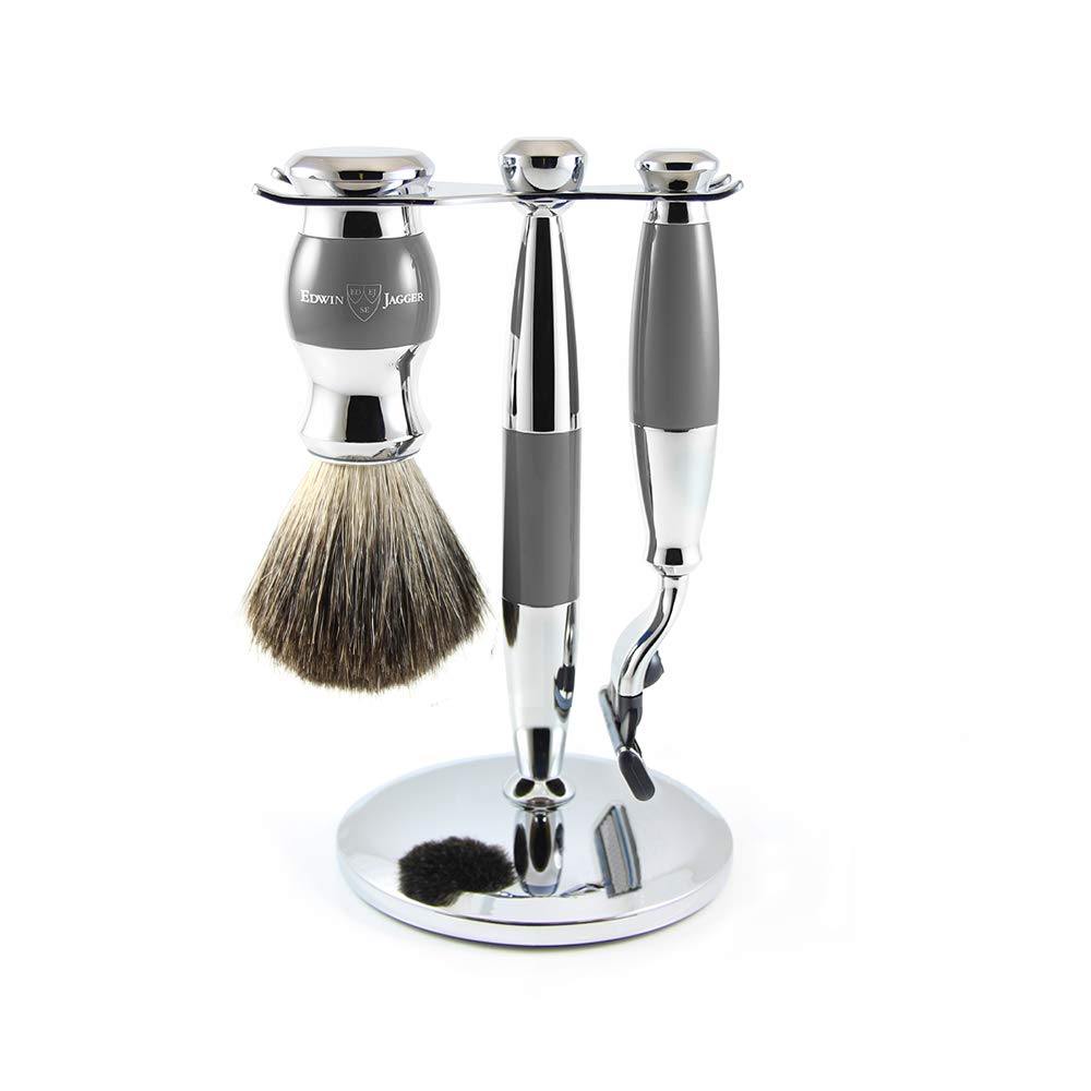 Edwin Jagger Grey Diffusion 36 Series - Set di 3 pezzi per rasatura con pennello di tasso puro per lame Mach3