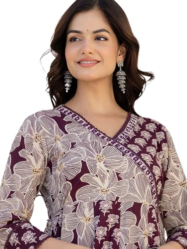 Image of Pure Cotton Anarkali Kurta Set for Women with Dupatta | 3 Piece Cotton Anarkali Suit | Floral Aari Work | Flared Ethnic Wear