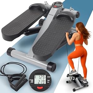 PORTENTUM Mini steppers for exercise workout with resistance bands and LCD display 5 functions — Stepper 3-in-1 for legs, glutes and arms — Adjustable intensity — Easy to store home workout equipment