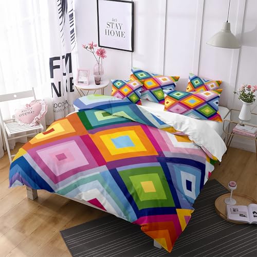 Housse de couette géométrique 140x200 imprimé patchwork multicolore pour lit enfant