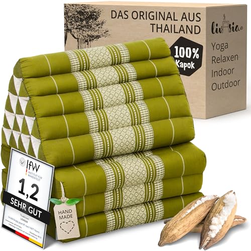 livasia Thaikissen 3 Auflagen extrahoch - 185x55x8cm - Dreieckskissen mit Klappmatratze, Kapok, Jumbo Rückenkissen faltbar, Thaimatte Klappen, handgefertigt, Meditationskissen (Grün)