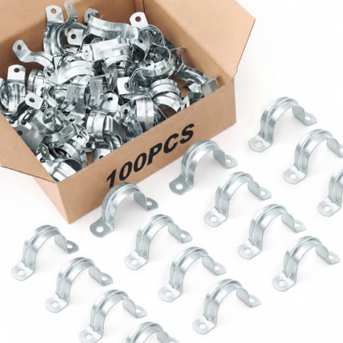 Image of Yaocom 100 Pcs 1 inch Opening Pipe Strap, Galvanized Steel Conduit Clamp | U Bracket 2 Hole Mount for Pipe Fixing on Surfaces, Corrosion Resistant for Wall Ceiling, Heavy Duty Rigid Clamp Support