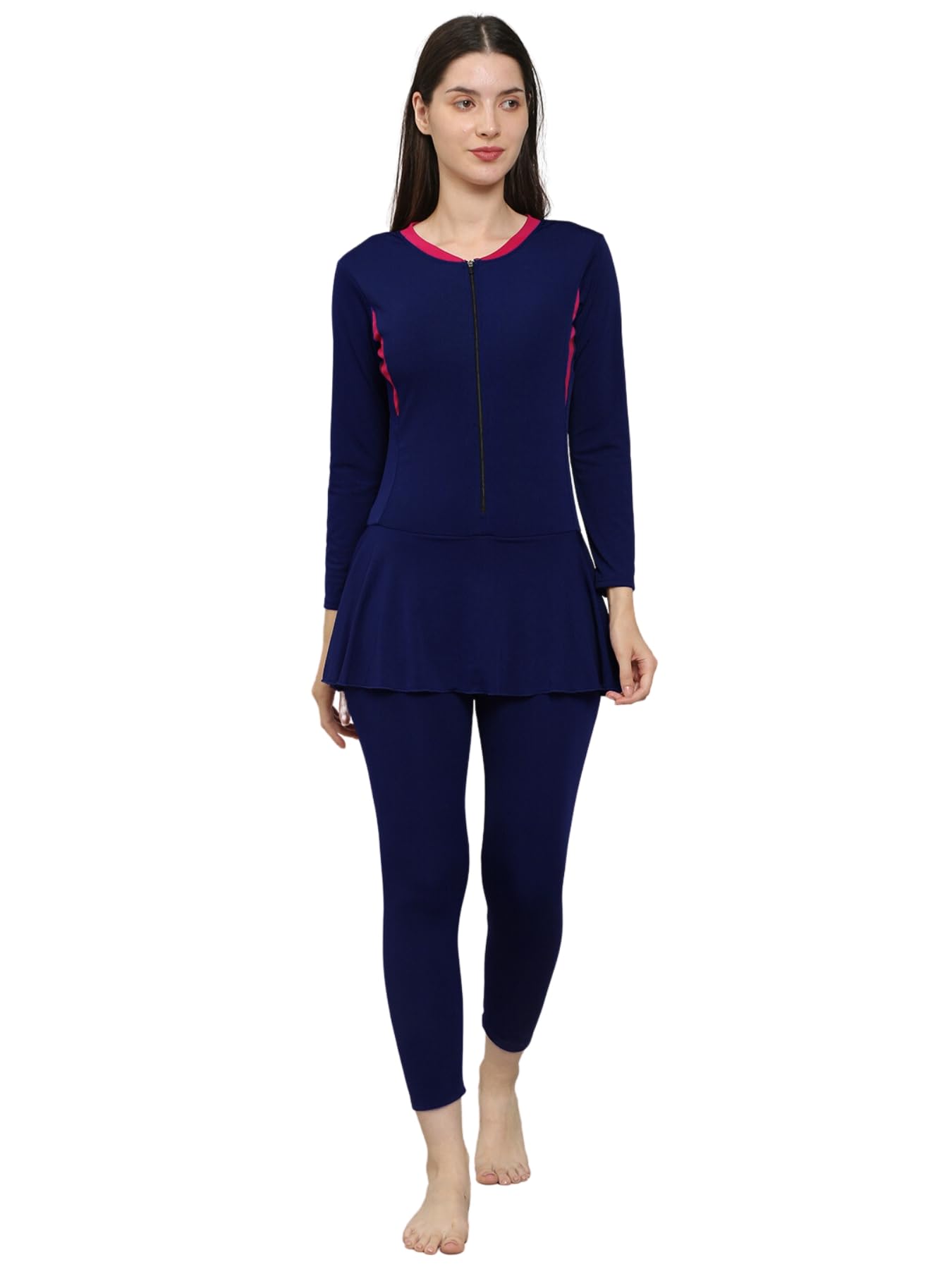 Women Color Block Full Coverage One Piece Swimsuit with Removable Chest Pads Front Zipper Frock Style Design Swimming Costume