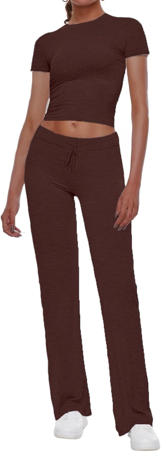 AnotherChill Women's 2 Piece Lounge Sets Straight Leg Pants Set Short Sleeve Crop T-shirt Casual Outfits Comfy Loungewear Small Chocolate