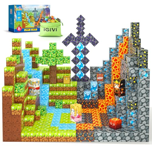 IGIVI Bloques magnéticos - Build Mine Magnet World Lava Valley, juguetes para niños de más de 3 años, juguetes sensoriales de construcción STEM para niños pequeños, regalos creativos de juguetes