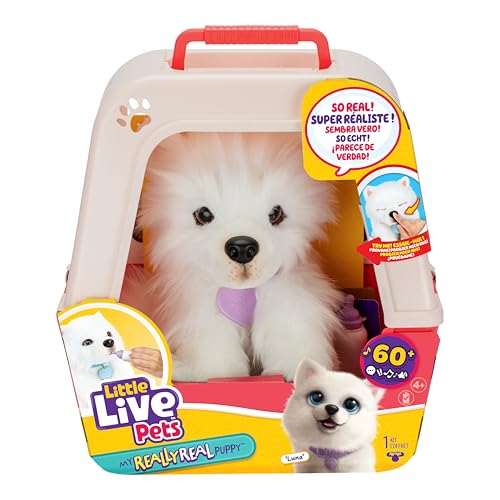 Little Live Pets My Really Real Puppy – Luna; Interaktiver Welpe; 60+ Geräusche/Reaktionen; realistisches Aussehen; 1 aus 72 Varianten; Spielset mit Transportbox; Batterien enthalten; ab 5 Jahren