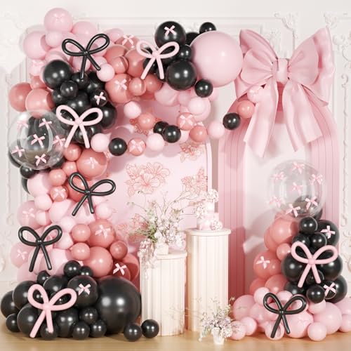 Image of Pink and Black Bow Balloon Arch Kit, JOGAMS 199Pcs Pink and Black Birthday Decorations with 260 Clear Balloons Ribbon Bow for Coquette Bow Theme Birthday Bachelorette Baby Shower Bridal Shower Wedding