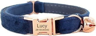 Cat Collar Personalized with Name Engraved and Bell, Customized Velvet Collars for Puppy Kittens (Navy Blue, S)