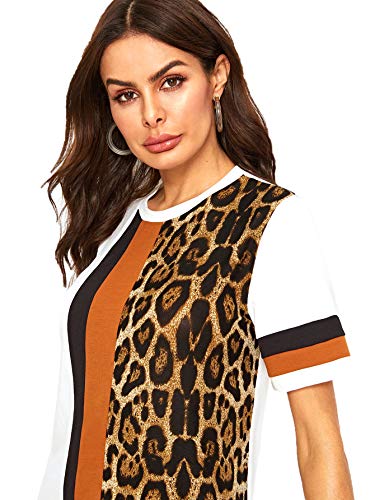 Floerns Women's Short Sleeve Color Block Leopard Print Tunic Dress A Multi White Xl #TOP4