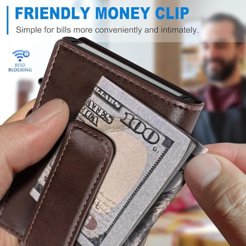 Image of VOGARD Slim RFID Blocking Wallet for Men | Pop-Up Card Holder with Money Clip & Coin Pocket | Magnetic Flip Leather Wallet | Holds 9 Cards, Cash & Keys | Coffee