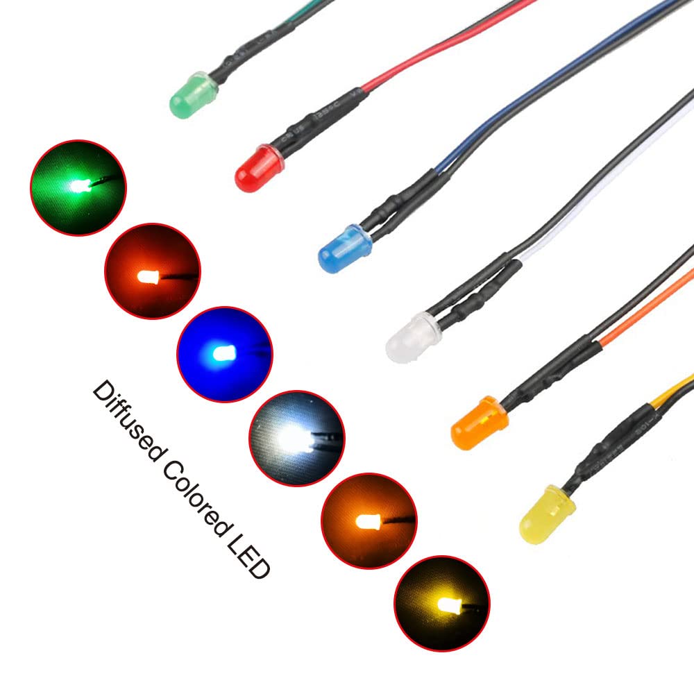 YIXISI 60 Sztuk 3mm Diody LED Light 6 Kolorów (Każdy Kolor 10 Sztuk) z Rozproszoną Kolorową Soczewką, Ultra Jasny 12V 20cm Wstępnie Okablowany, Pomarańczowy/Biały/Czerwony/Niebieski/Zielony/Żółty