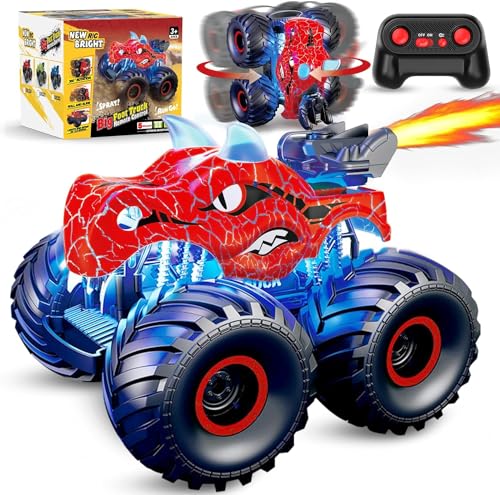 Monster Dinosaurier Truck Coche teledirigido Niños Juguetes a partir de 3 4 5 6 7 8 años, 2,4 GHz RC Coche Juguetes con Luz, Sonido, Pulverización, All Terrain RC Cars Juguetes Regalos para Niños