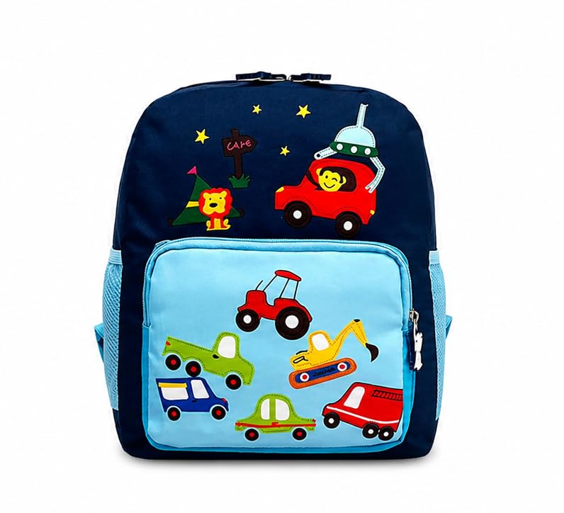 veloce Kids Vehicle Theme Backpack – Blue School Bag with Cartoon Cars, Tractor and Construction Vehicle Design-picture-33