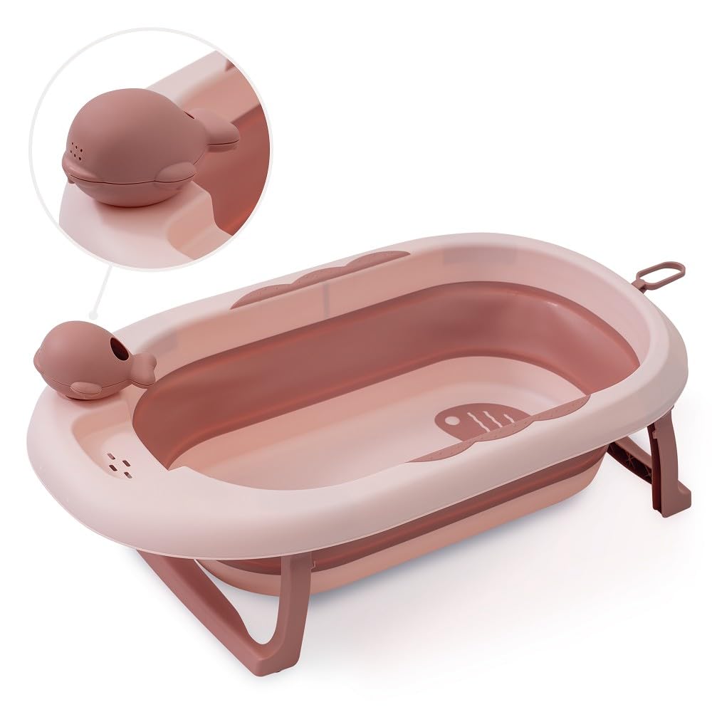 Składana wanna dla niemowląt Interbaby 80 x 47 x 21 cm | Składana wanna dla niemowląt z kubkiem do płukania, antypoślizgowa, szczelna nasadka | przenośna, łatwa do przechowywania, wygodna, różowa