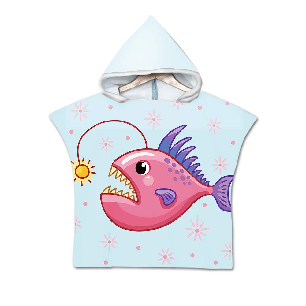 Chickwin Boys Lantern Fish Hooded Poncho Towel Kids Baby Luxury Bathrobe Print Light Weight Microfiber, Beach Towel Childs Girls Robe Hooded Swimming Bath Towel Surf Wetsuit Changing (60 * 80Cm,)