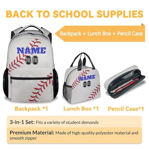 Custom Baseball Kids Backpack with Lunch Box, Set of 3 School Backpacks Matching Combo, Cute White Bookbag and Pencil Case Bundle3