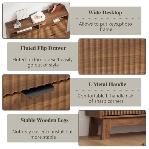 Image of Shoe Cabinet Storage for Entryway with 4 Flip Drawers, Fluted Narrow Shoe Organizer with Wooden Legs & Top Cubby, Freestanding Slim Shoe Storage Hidden Shoe Rack for Front Door Entrance, Walnut