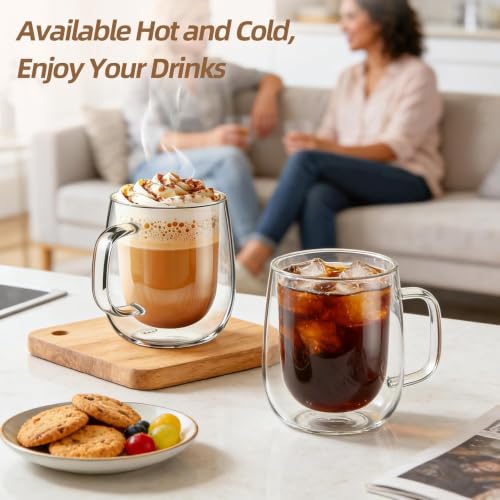 Image of Double Wall Glass Cups, 240 Ml, Insulated Tea & Coffee Cups, Hot & Cold Drinks, Coffee, Tea, Milk, Cappuccino, Juice, Microwave Safe, Stylish Espresso Chocolate Beverage, Pack of 2