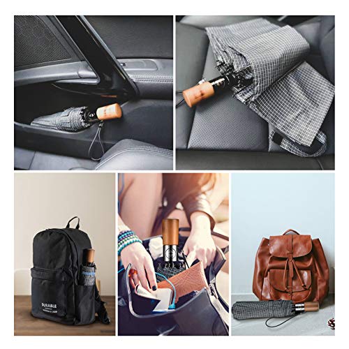 Homiloop Business Travel Umbrella,10 Ribs Compact Folding Umbrella With Windproof Material,Automatic Opening,Compatible Rainy And Sunny Weathers,Vintage Plaid And Wooden Handle Parasol #TOP5
