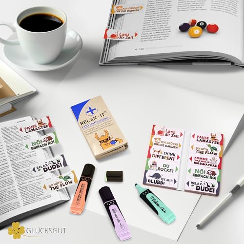 GLÜCKSGUT® 500x Lustige Haftnotizen + 6x Textmarker Pastell | Scherz-Medikament | Anti Stress | Büro Schule Studium Uni | Abschiedsgeschenk für Kollegen Chef Lehrer | Post it