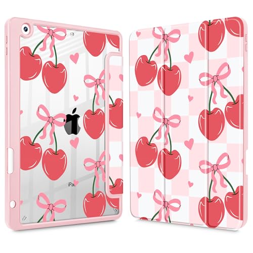 Mektron Printed Case for iPad 10.2 Inch, iPad 9th Gen 2021/8th Gen 2020/7th Gen 2019 Tablet Case, Buit in Pencil Holder with Shockproof Cover Clear Shell + Trifold Stand, Cherries Bows C353 by Mektron - Used condition - US$15.66