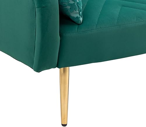 Miniatura 9 de TRIPLE TREE Sofá cama futón convertible, sofá biplaza tapizado de terciopelo con 2 almohadas de cojín, sofá moderno con patas de metal dorado, sofá