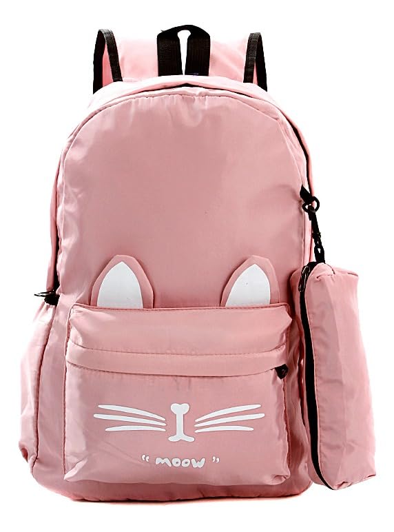 Kit Mochila Escolar Juvenil Feminina de Gatinho Rosa Costas