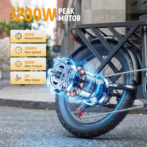 Qlife Hunter Foldable Electric Bike for Adults, Peak 1200W Ebike with 48V 13.5Ah Battery, 65-Mile Range, Heavy-Duty Rear Rack, 20-Inch Fat Tires, Folding E Bike for Commuting & Outdoor Use