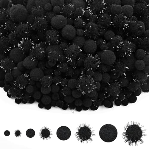 CHRORINE 1200 Pcs Pom Poms for Crafts Sparkly Assorted in 4 Sizes Pom Poms Bulk Essential for Arts DIY and Holiday Decorations (Black)