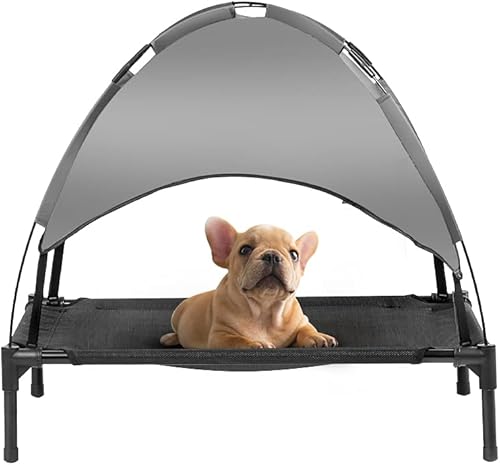 Cama elevada para perros de 31 pulgadas con toldo, cuna elevada para mascotas con parasol extraíble para campamento, PVC 600D de lujo con cama de