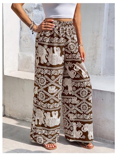Women's Wide Leg Boho Vacation Pants Elastic High Waisted Animal Print Long Trousers3