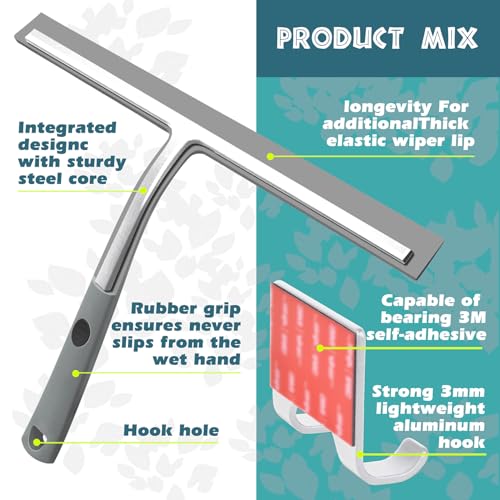 Image of 14 Inch Silicone Shower Squeegee for Glass Doors with Hook - Streak-Free Window Cleaner for Bathroom, Mirror, Tile & Car, No Scratch Squeegee with Metal Core (Gray