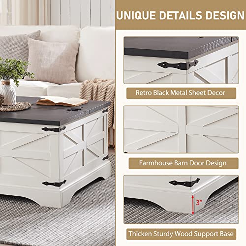 JXQTLINGMU Farmhouse Coffee Table, Square Wood Center Table with Large Hidden Storage Compartment for Living Room, Rustic Cocktail Table with Hinged Lift Top for Home, White - Image 6