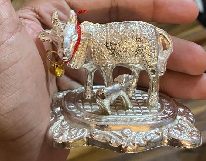 Image of Silver Small Metal Kamdhenu Cow and Calf Idol Holy Spiritual Showpiece for Vastu, GAI bachda, Good Luck Gift, Kamdhenu Gau MATA, Pooja Temple Decor for Navratri Diwali Gift- 5x5x2 CM