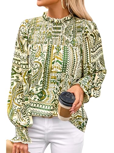 MASCOMODA Womens Blouses 2025 Spring Boho Floral Ruffle High Neck Long Sleeve Tops Dressy Casual Smocked Chiffon Work Shirts
