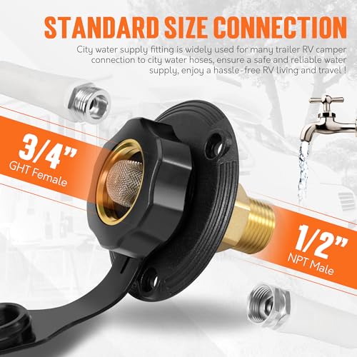 Image of TONDA RV City Water Inlet with Check Valve, Brass Thread RV Water Fill Inlet Replacement, RV Water Hose Connector for Camper, Trailer, Motorhome
