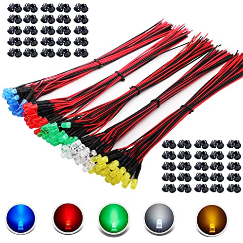 RUNCCI-YUN 100Pcs 5mm Luces LED de Diodo 3V-9V-12V DC Pre Wired 20CM LED Diodos Emisores de Luz Lámpara + 100 Pcs 5mm Plástico Soporte de LED Clip Montaje para DIY Coche Barco Juguetes Partes