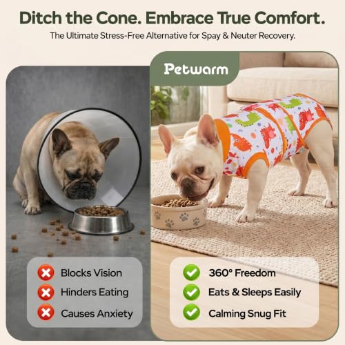 Image of PetWarm Post Surgery Dog Onesie, Surgical Recovery Suit for Dogs, Professional Dog Recovery Shirt Abdominal Wounds Bandages Substitute E-Collar and Cone, Dinosaur Pattern, Yellow, M