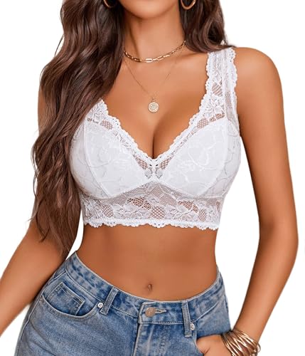 Image of Avidlove Womens Bralettes Wireless Lace Camisole Top Unlined Longline Bralette Plung Under Outfit Sexy Sexy Undershirt Lingerie White
