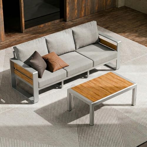 Image of ZANDOR Aluminum Outdoor Patio Furniture-3-Seat with Table,Sliver | Rustproof,High weight capacity,Water-repellent,Washable Cover,All-Weather Resistant,Easy clean,for Poolside Backyard Deck