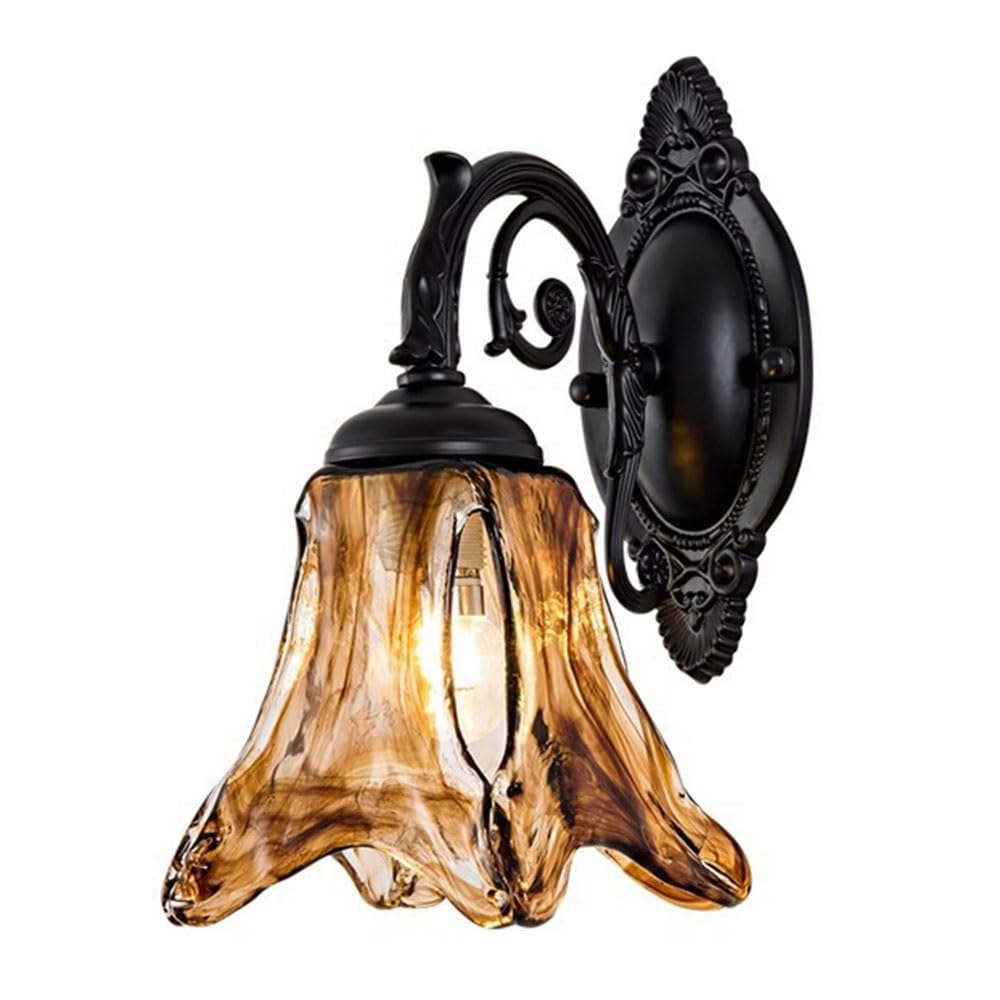 FEITENGDA Nordic Textured Amber Glass Shade Wall Sconce Vintage Iron Art Small Wall Mount Light Mid Century Farmhouse Accent Lighting Fixture for Bedroom Living Room Hallway