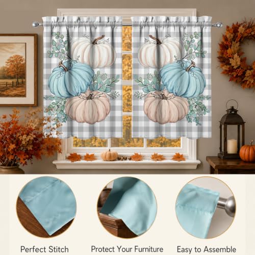 Image of Fall Pumpkin Kitchen Curtains 3 Piece Set Tier Valance | Thanksgiving Kitchen Curtain Set Includes 54x18in Valance and Two 27.5x36in Tier Curtains for Kitchen Window Decor