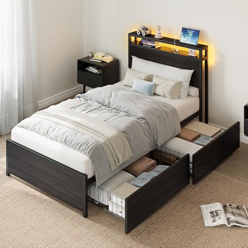LIKIMIO Twin Bed Frame DIY Storage Drawer Layout Headboard with 2-Tier Shelves & Charging Station & LED Light Suitable for Teen Rooms Small Apartments & Bedrooms Black