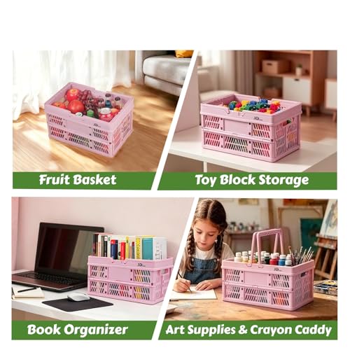 Image of 2-Pack Folding Storage Basket, 20L Collapsible Plastic Storage Crates with Handles, Heavy-Duty Stackable Bins for Home Organization, Closet, Office, Garage (Pink)