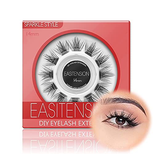 DIY Eyelash Extension, 3D Effect Individual Melt Flare Lash Cluster Natural Lashes Set, Home Eyelash Extension, D curl Lashes Pack 12mm,14mm (14MM-Sparkle)