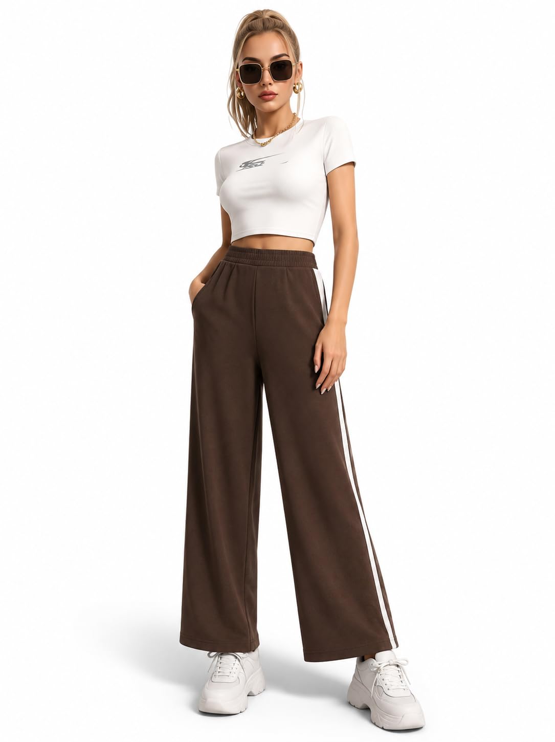 Women's Wide Leg Track Pants, Brown with White Side Stripe, High Waist, Casual Style (in, Alpha, S)-picture-10
