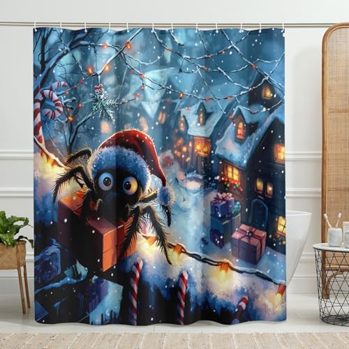 Rideau de douche motif araignée de Noël, décoration de salle de bain bleu et rouge, ensemble de rideau de douche en tissu imperméable avec crochets 183 x 183 cm