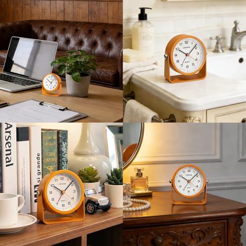 Image of Lamisola 3.5 Inch Bathroom Clock, Small Alarm Clock for Bedroom, Orange | Battery Travel Desk Table Analog Clock for Kids Seniors Teens, Retro Cute Metal Home Decor Shelf Clock, Night Light Snooze